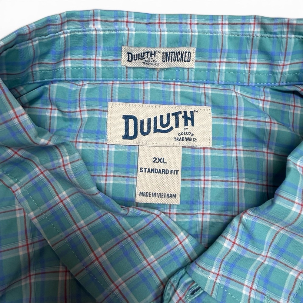 Duluth Men's Stretch Untucked Nylon Spandex Green Blue Check Shirt 2XL Pocket